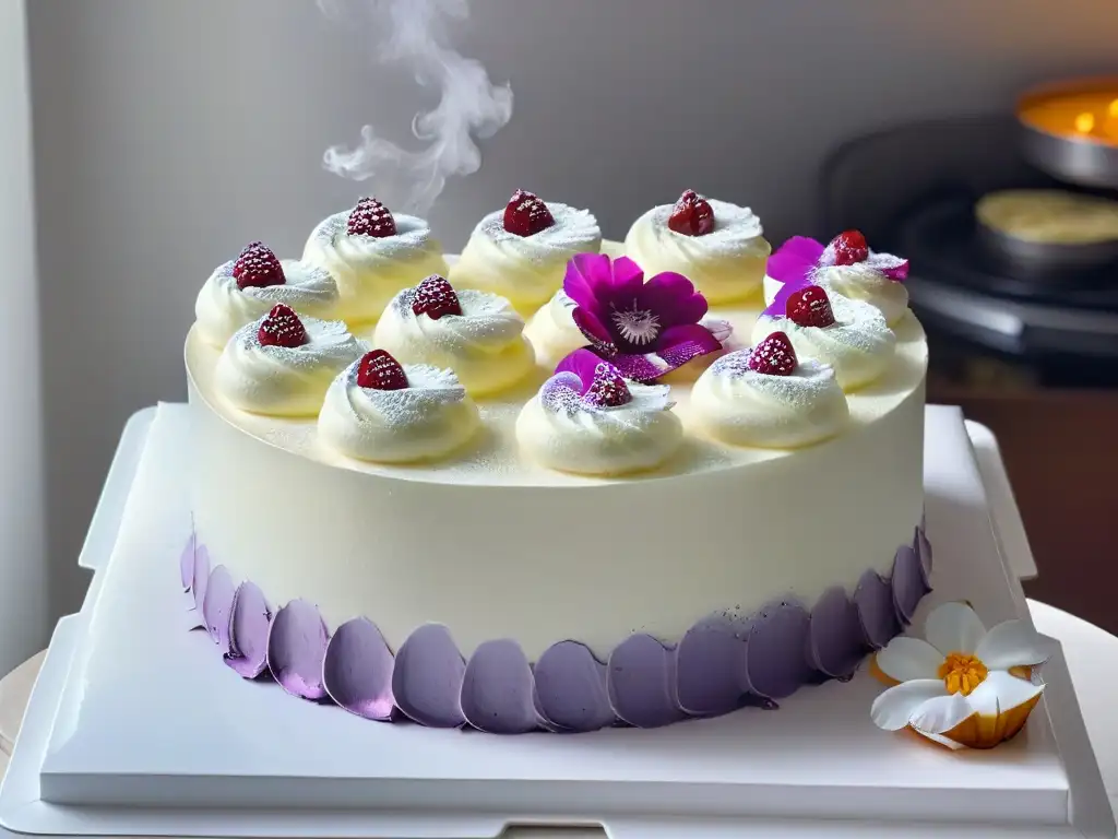 Delicados puto al vapor con flores violeta sobre olla blanca