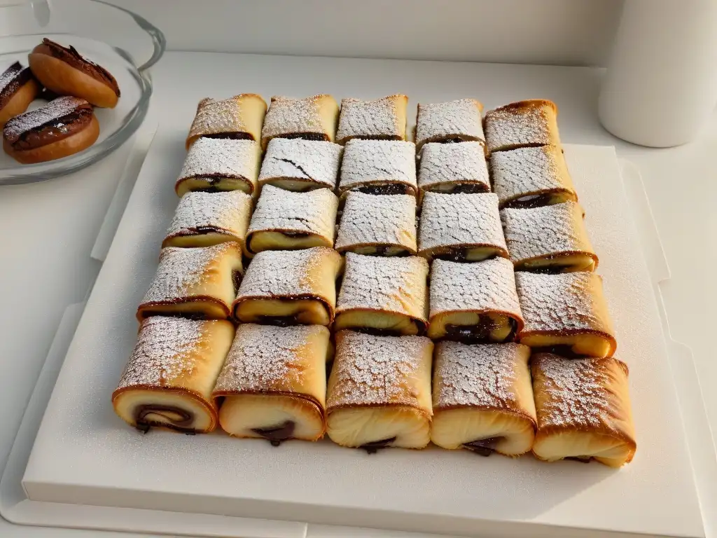 Delicados rugelach recién horneados en bandeja blanca, un festín para los sentidos