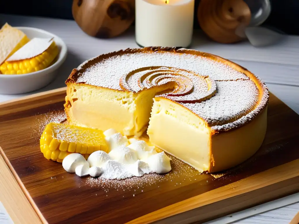 Delicia casera en un Pastel de Choclo dorado, con capas de maíz dulce y queso, resaltado en una mesa rústica de madera