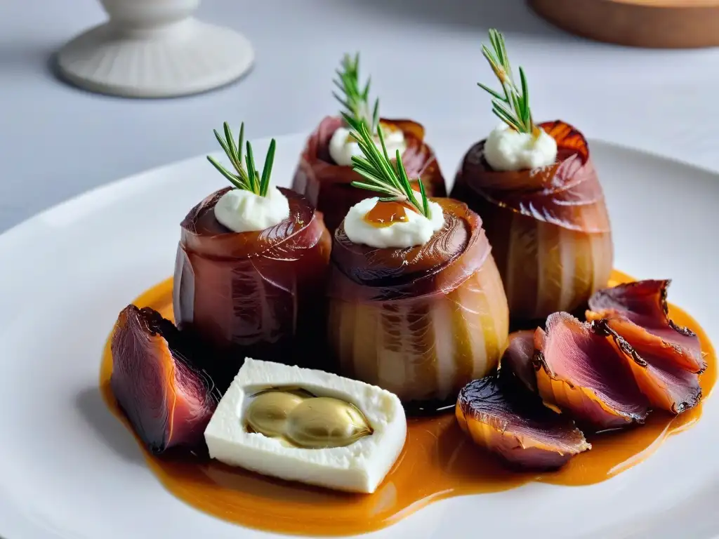 Delicia de dátil relleno de queso de cabra, envuelto en prosciutto crujiente, sobre plato blanco