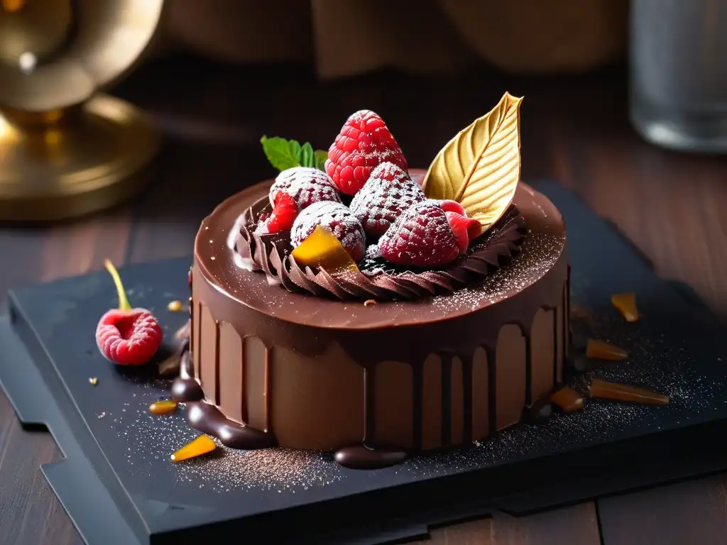 Delicia desconstruida: obra de arte en repostería, con ganache, coulis de frambuesa y caramelo