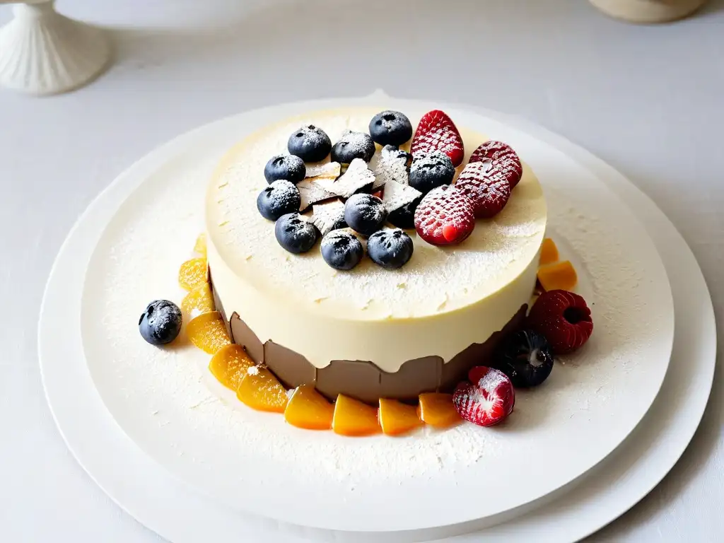 Delicia desconstruida: postre detallado con capas de bizcocho desmenuzado, salsas, frutas y flores comestibles, en plato blanco