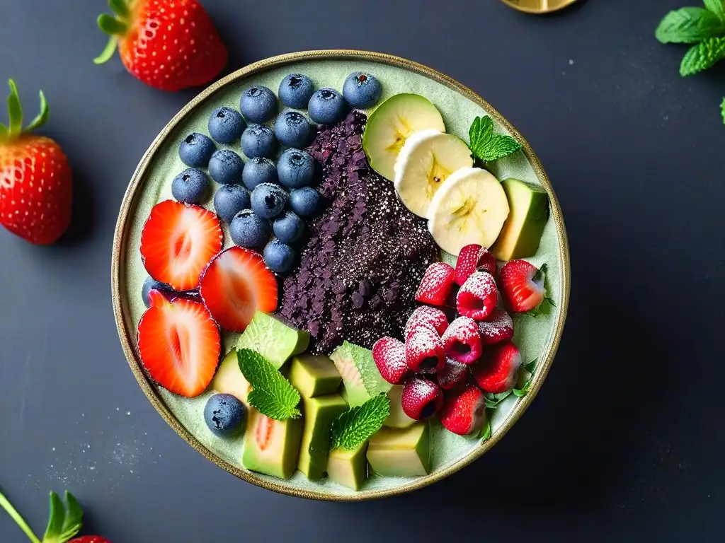 Deliciosa bowl de açai con bayas frescas, semillas de chía y coco rallado, sobre mármol y matcha