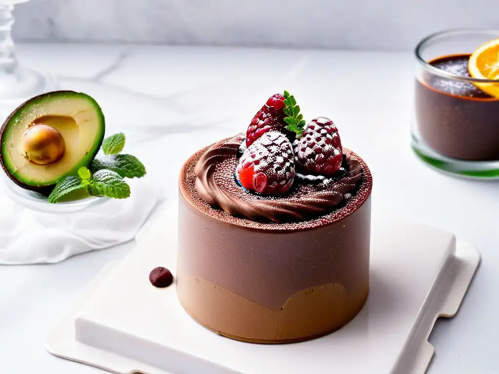 Deliciosa mousse de aguacate y chocolate sin azúcar con frambuesas frescas y hoja de menta, en copa de postre sobre mármol blanco