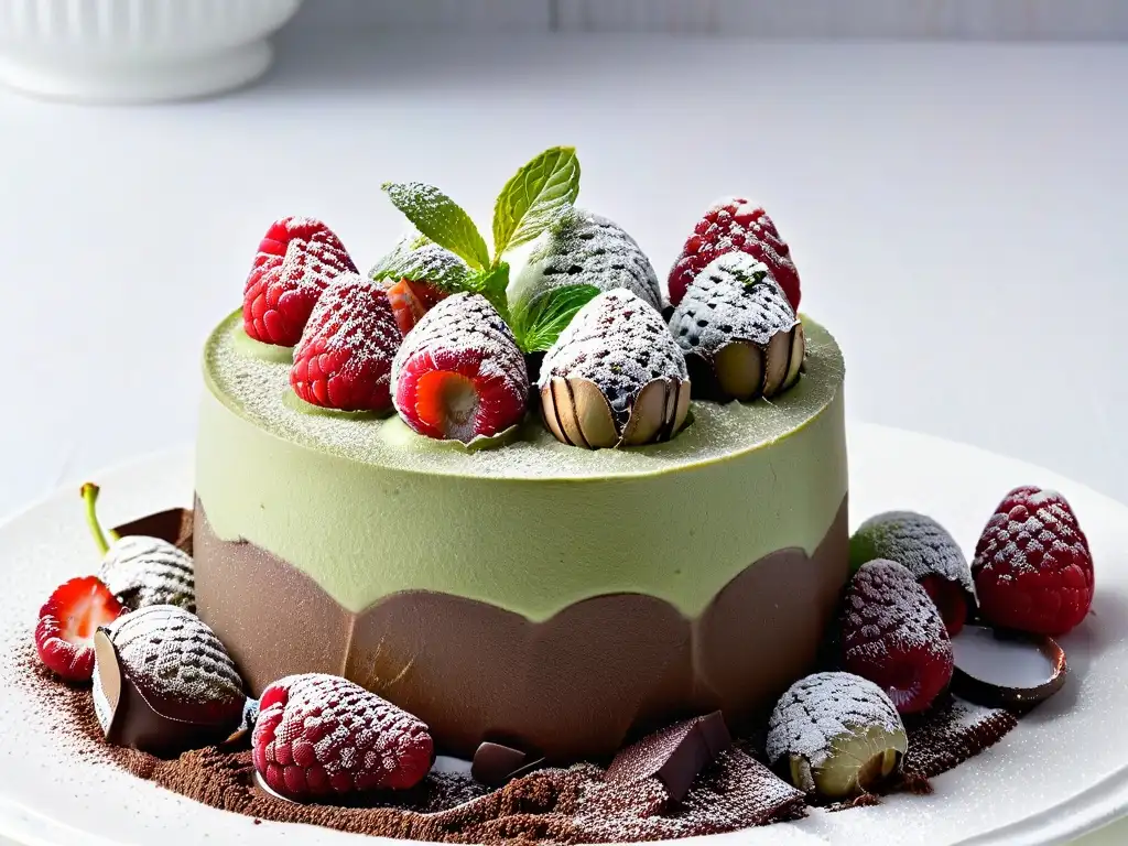 Deliciosa mousse de aguacate y chocolate sin azúcar, decorada con frambuesas y hierbabuena en copa transparente