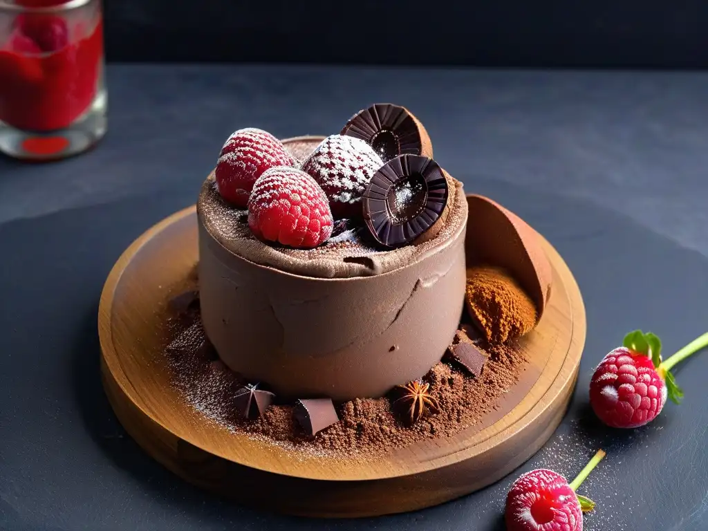 Deliciosa mousse de aguacate con chocolate y frambuesas, presentada en copa elegante sobre encimera de mármol