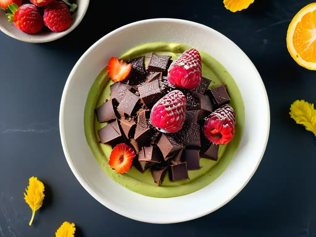 Deliciosa mousse de aguacate con chocolate, frambuesas frescas y semillas de chía en un elegante bol blanco sobre encimera de mármol