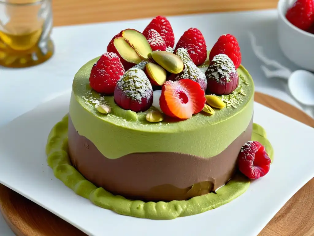 Deliciosa mousse de aguacate y chocolate con frambuesas frescas y pistachos triturados en un elegante bol blanco