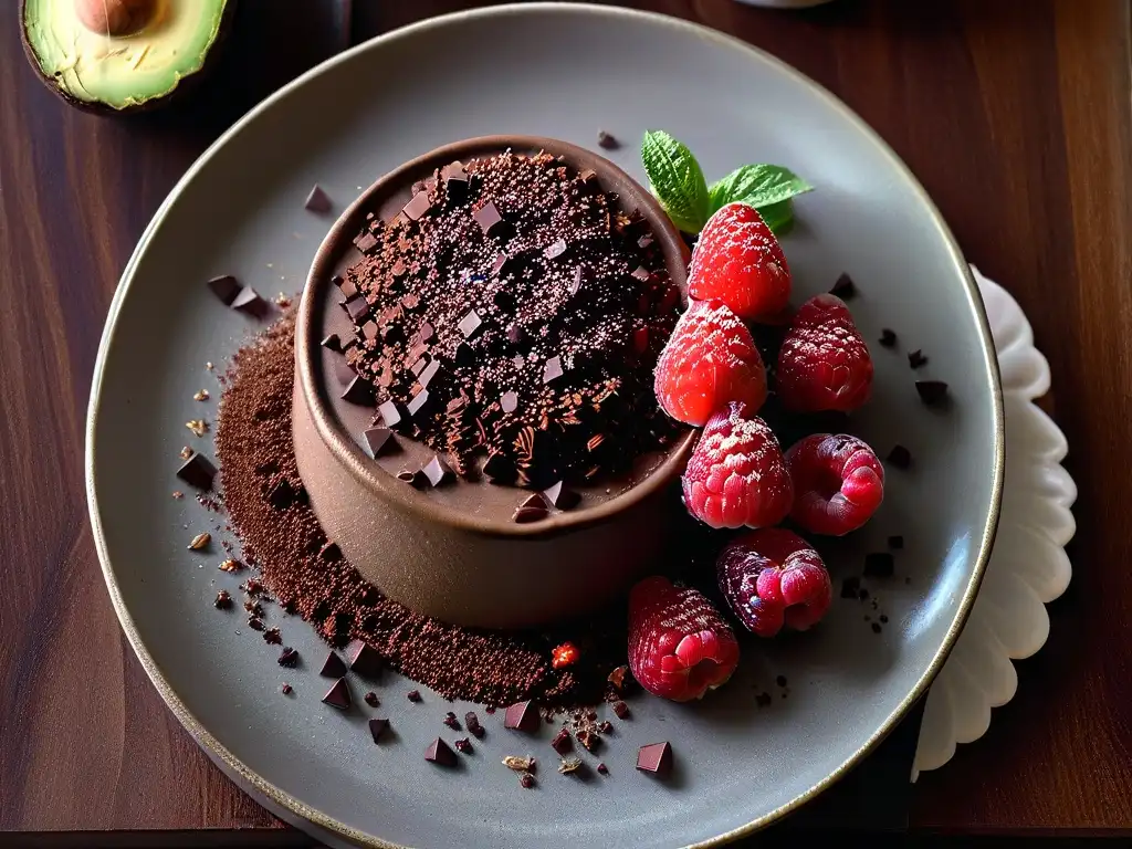 Deliciosa mousse de chocolate y aguacate con frambuesas frescas y cacao Deliciosa mousse de aguacate y chocolate con frambuesas y cacao, ideal para una repostería orgánica de lujo