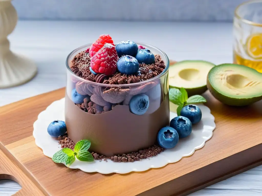 Deliciosa mousse de aguacate con chocolate, frutos rojos y semillas de chía, en copa de postre de cristal sobre encimera de mármol