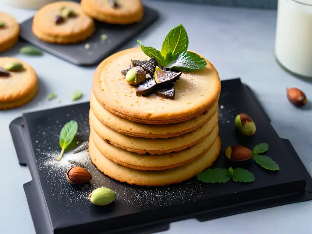 Deliciosa galleta keto de almendra con chocolate y pistachos en plato negro mate