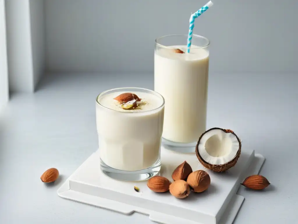 Deliciosa alternativa vegana al suero de leche: vaso de leche vegetal con almendras y coco frescos en una cocina moderna y luminosa