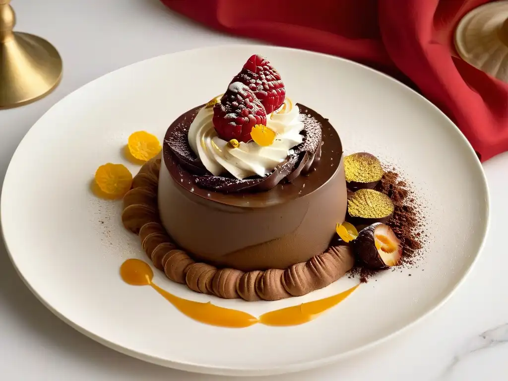 Deliciosa fusión de arte clásico y postres: mousse de chocolate con hojas de oro, frambuesas y cacao en plato blanco elegante