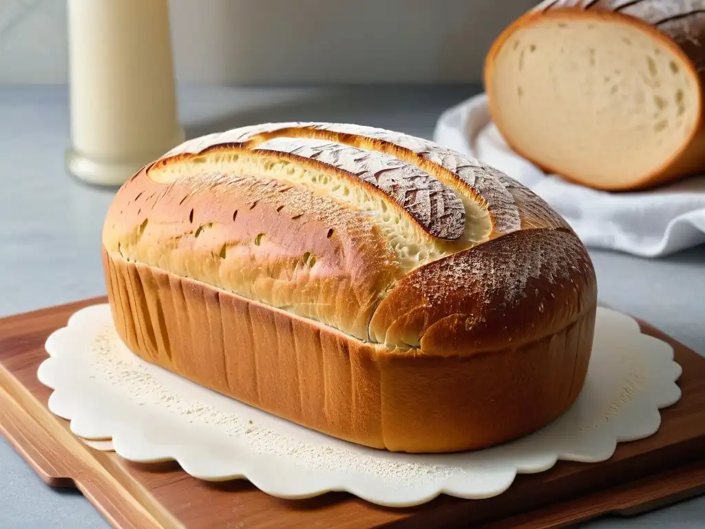 Deliciosa y artesanal hogaza de pan de masa madre, perfectamente horneada en tabla de madera