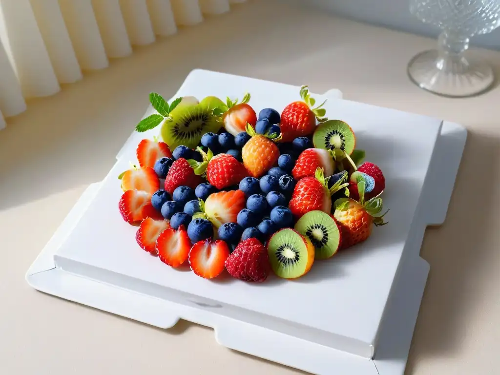 Deliciosa bandeja de frutas frescas sin azúcar en mármol blanco, iluminada suavemente