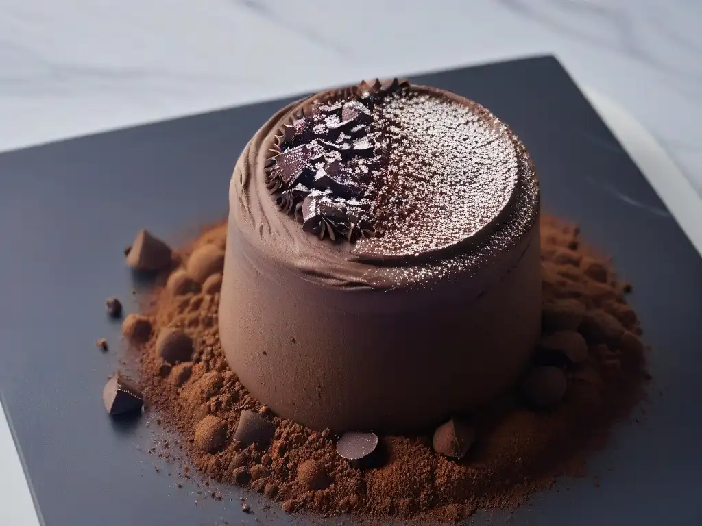 Deliciosa trufa de bizcocho restos cubierta de chocolate y cacao en mármol blanco