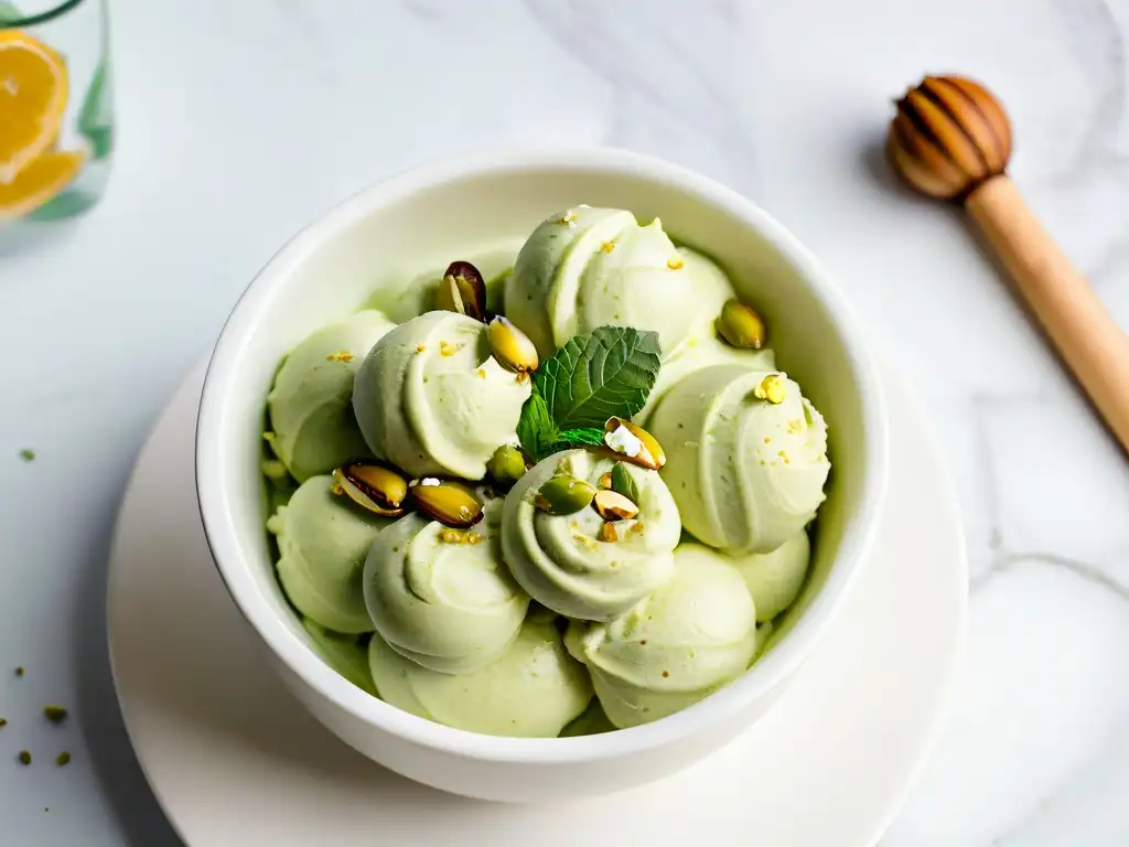 Deliciosa bola de gelato de pistacho artesanal en bol elegante sobre encimera de mármol