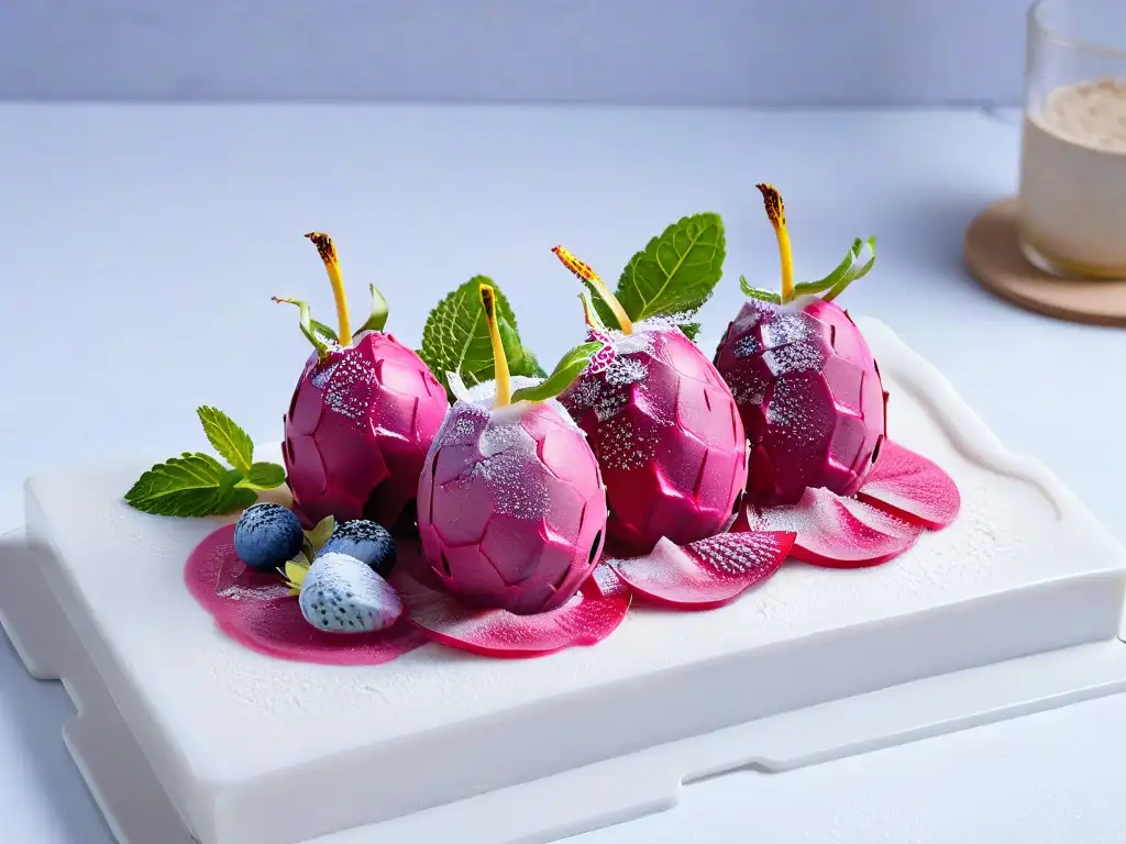 Deliciosa bola de helado casero de pitaya rosa y leche de coco, decorada con menta y flores comestibles, sobre bandeja de mármol