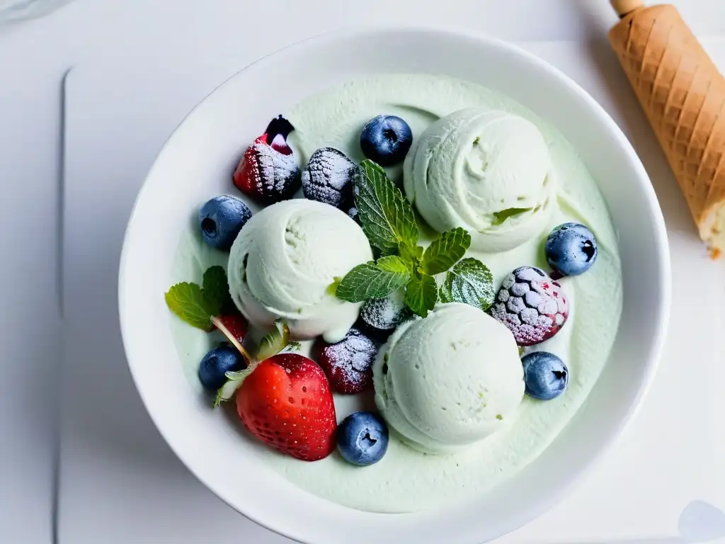 Deliciosa bola de helado casero sin gluten con frutas y menta en tazón blanco