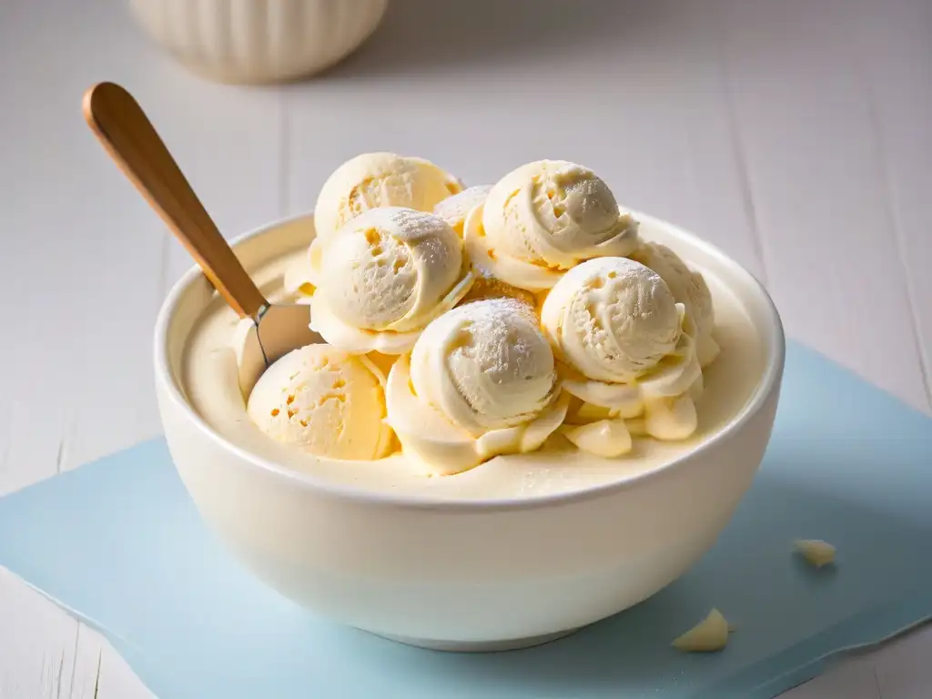 Deliciosa bola de helado cremoso de vainilla casero en un cuenco blanco