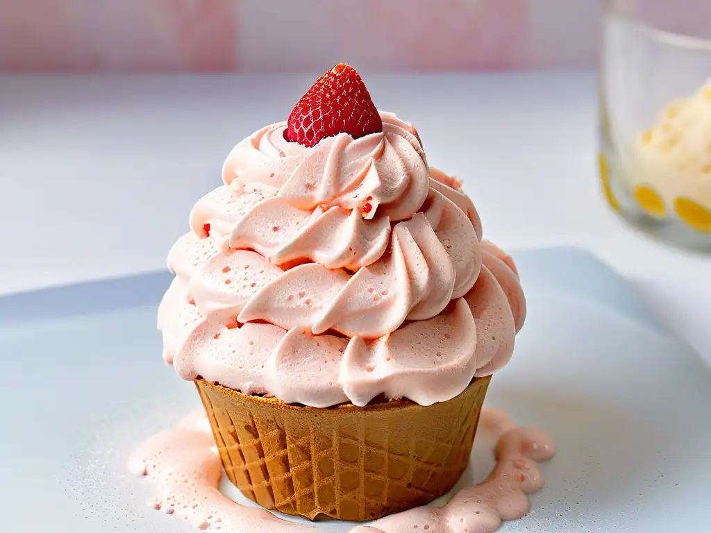 Deliciosa bola de helado de fresa sobre cucurucho sin gluten, con fresa y hoja de menta