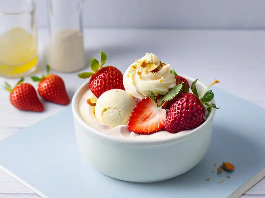 Deliciosa bola de helado de vainilla keto con fresas y almendras, sobre fondo minimalista en tonos pastel