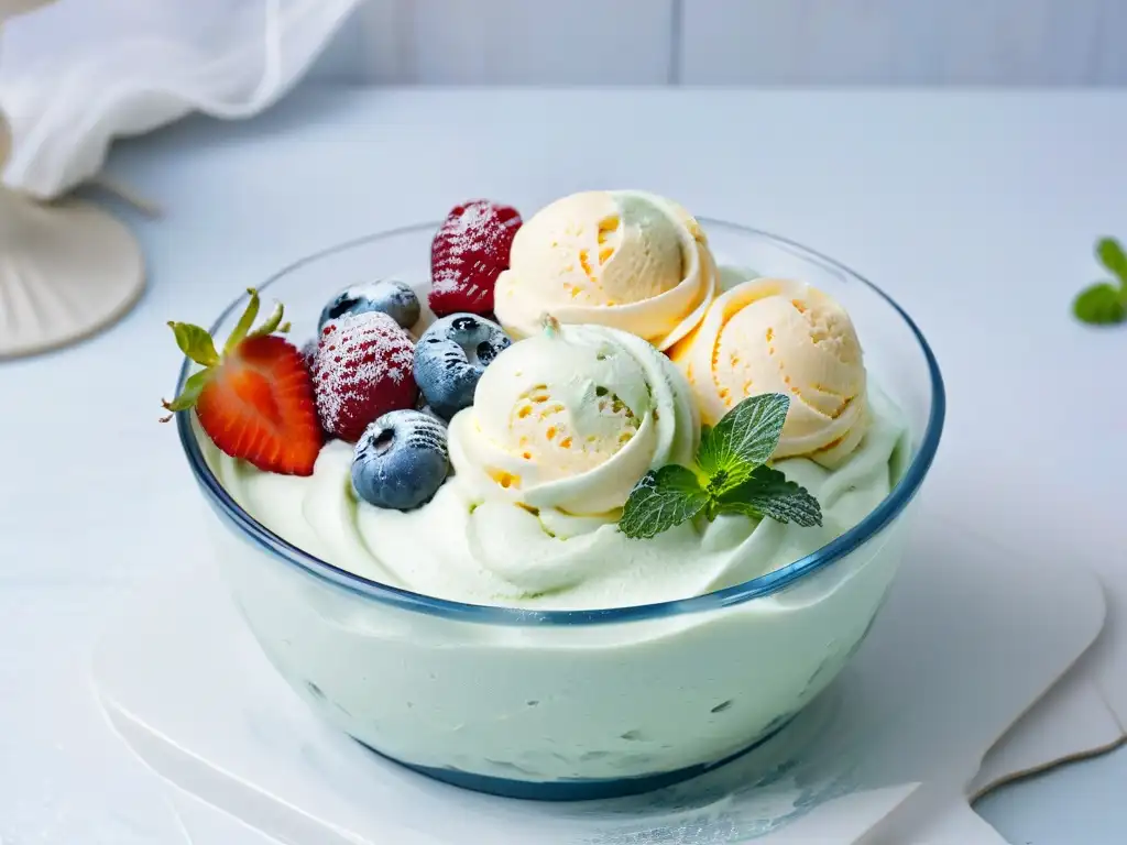 Deliciosa bola de helado sin gluten casero con frutas y menta