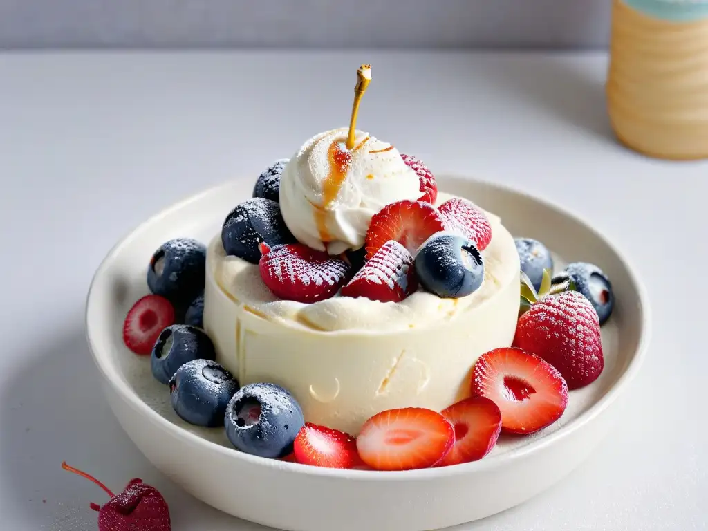 Deliciosa bola de helado de vainilla sin azúcar sobre frutos rojos en un bol moderno