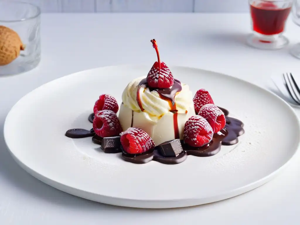 Deliciosa bola de helado de vainilla sin azúcar con frambuesas y chocolate negro, en un plato blanco