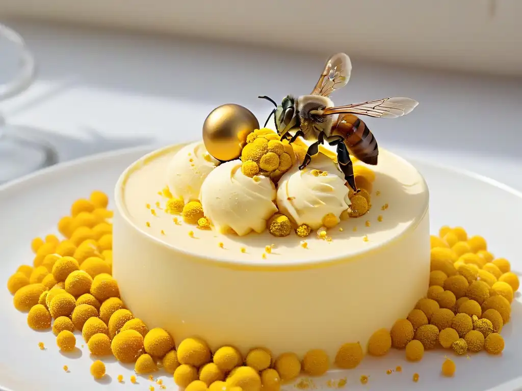 Deliciosa bola de helado de vainilla con miel y polen de abeja Deliciosa bola de helado de vainilla con miel y polen de abeja, sobre mármol blanco