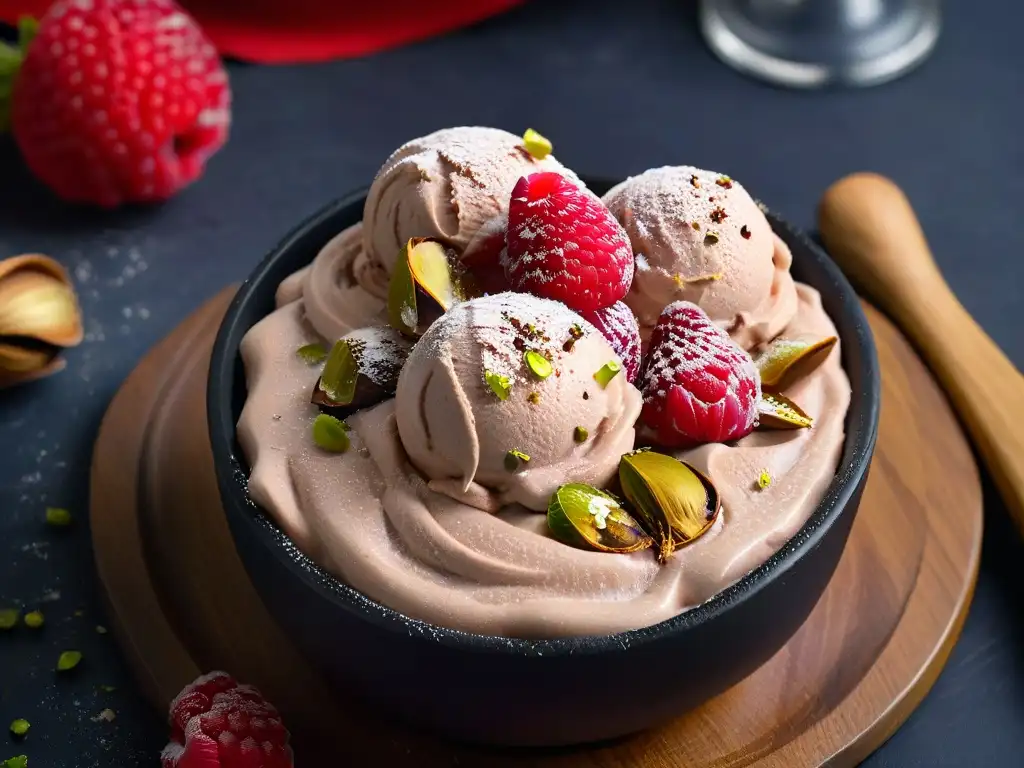 Deliciosa bola de helado vegano de chocolate con frambuesas y pistachos en un elegante bol negro, perfecto para recetas helados veganos caseros