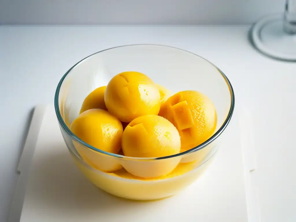 Deliciosa bola de sorbete de mango casero en un elegante cuenco de postre, resaltando su textura cremosa y color refrescante