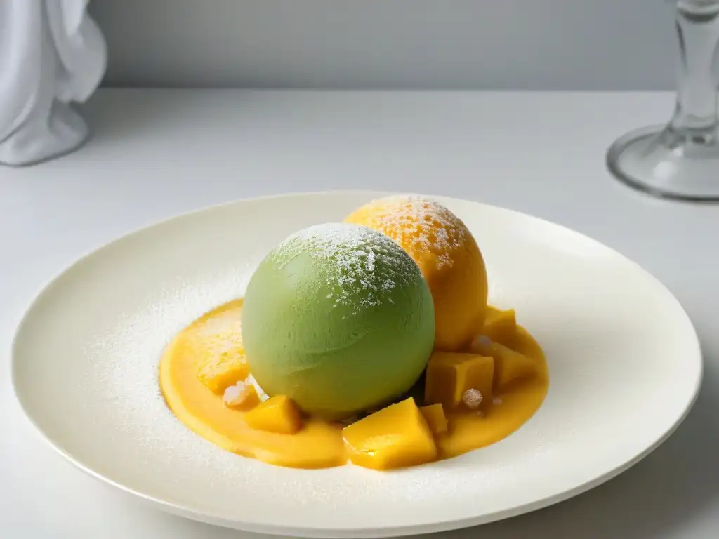 Deliciosa bola de sorbete de mango casero sobre plato blanco, lista para saborear