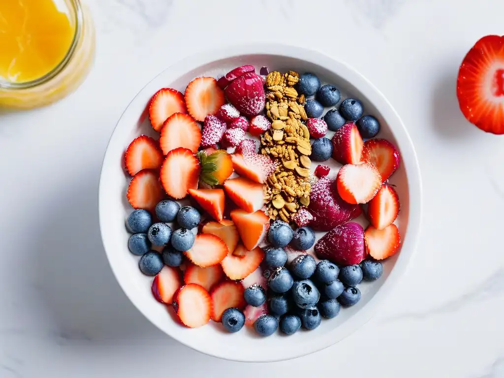 Deliciosa açaí bowl en mármol blanco con frutas frescas y miel