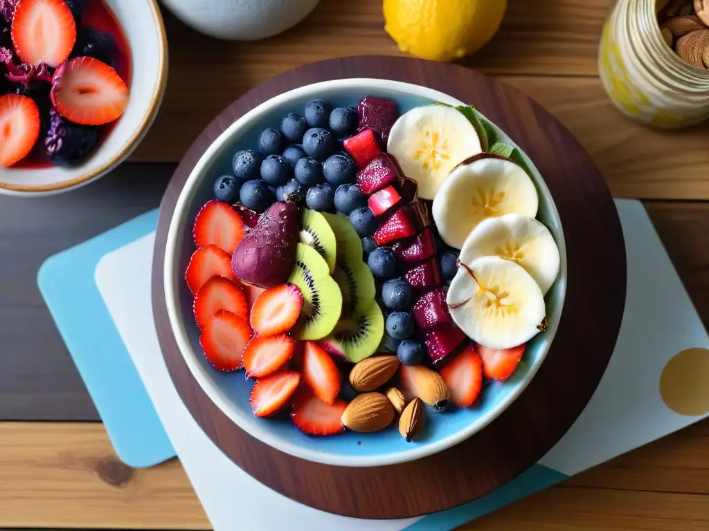 Deliciosa açaí bowl con frutas frescas, nueces y miel, en mesa de madera