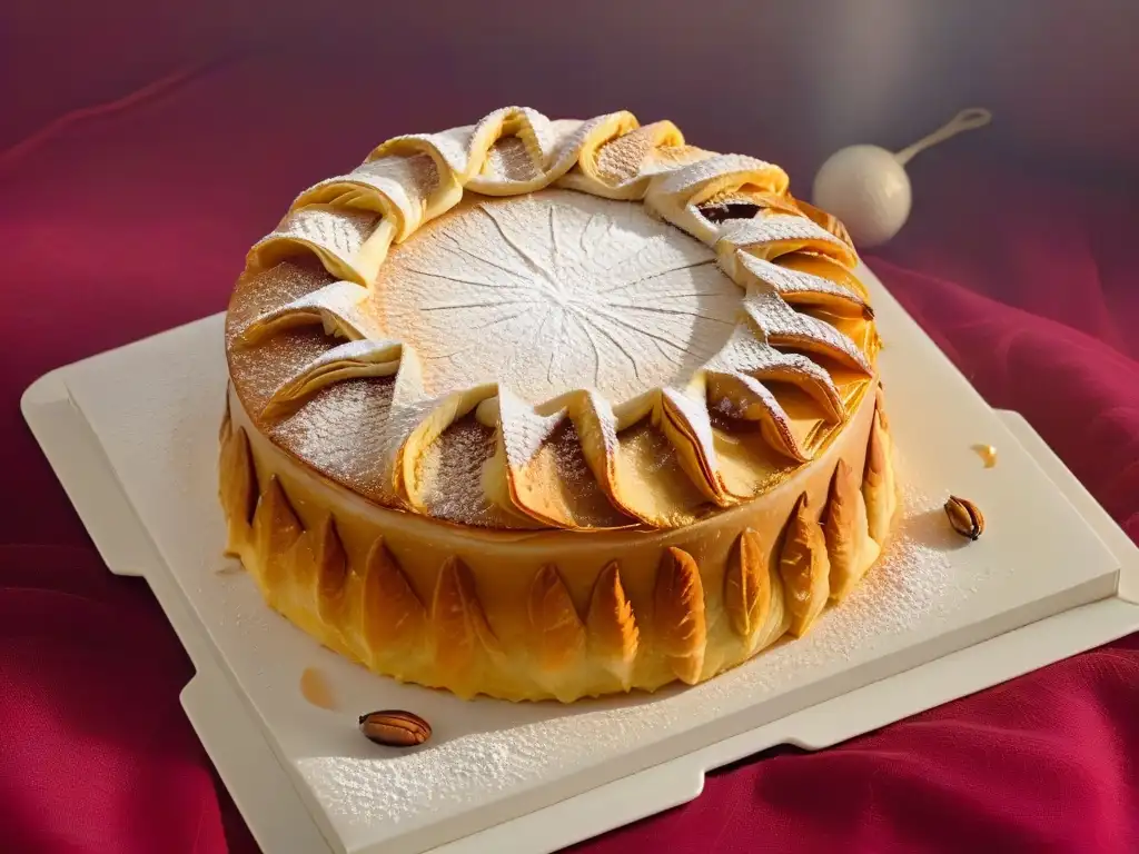 Deliciosa Galette des Rois casera con capas de hojaldre dorado y crema de almendra, espolvoreada con azúcar glas