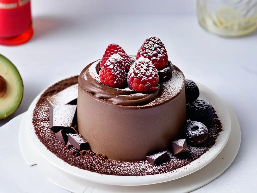 Deliciosa mousse de chocolate y aguacate sin azúcar con frambuesas frescas en copa de postre sobre mármol blanco