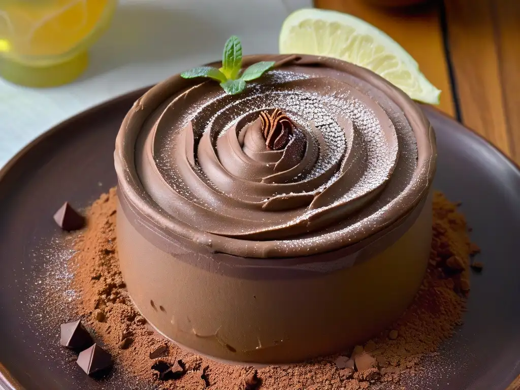 Deliciosa mousse de chocolate con aguacate, decorada con una rosa de aguacate y menta fresca, resaltando los beneficios del aguacate en repostería