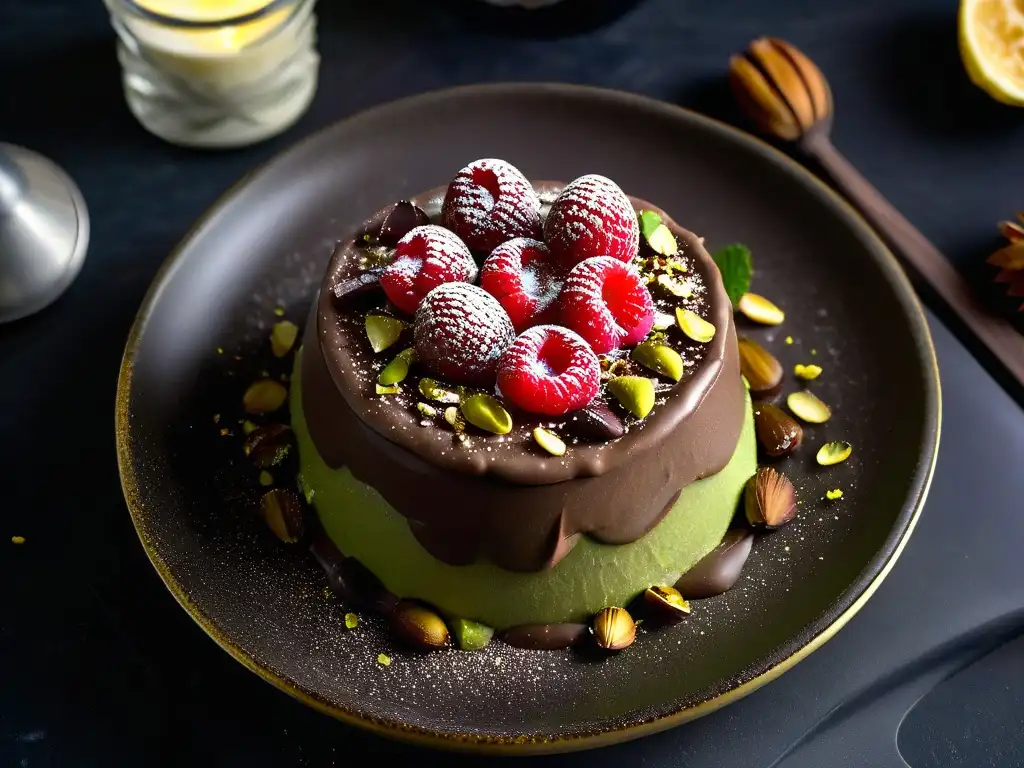 Deliciosa mousse de chocolate y aguacate con frambuesas y pistachos, presentada en plato blanco sobre fondo negro