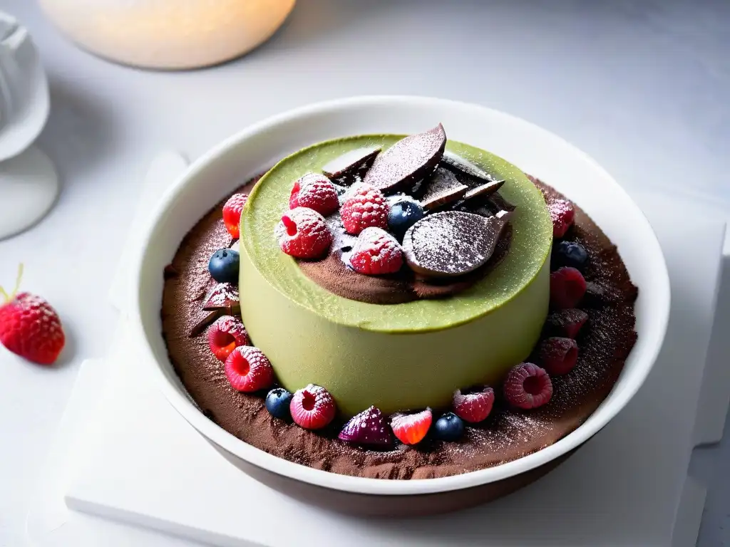 Deliciosa mousse de aguacate y chocolate con frambuesas Deliciosa mousse de chocolate y aguacate con frambuesas frescas y cacao en un elegante tazón blanco sobre encimera de mármol