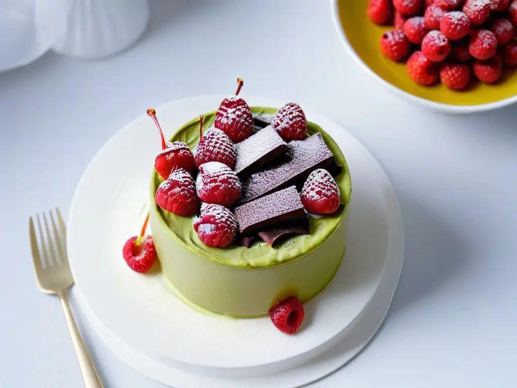 Deliciosa mousse de chocolate y aguacate con frambuesas frescas y menta en un elegante tazón blanco sobre encimera de mármol