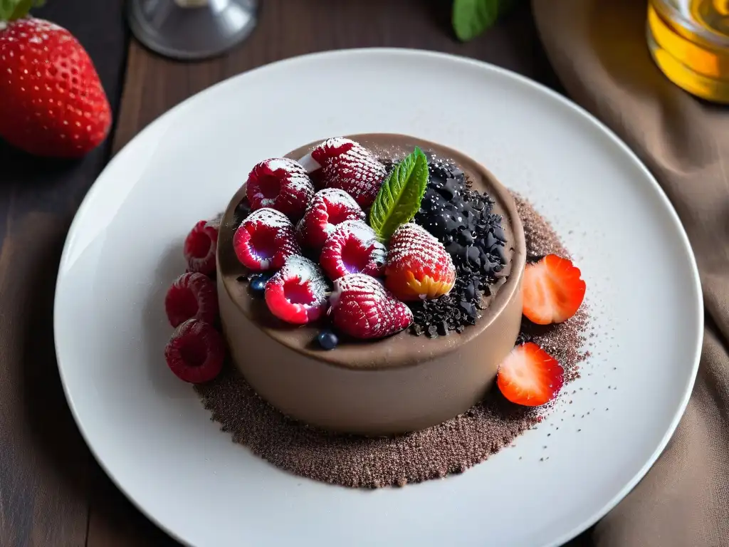 Deliciosa mousse de chocolate y aguacate con frambuesas y semillas de chía