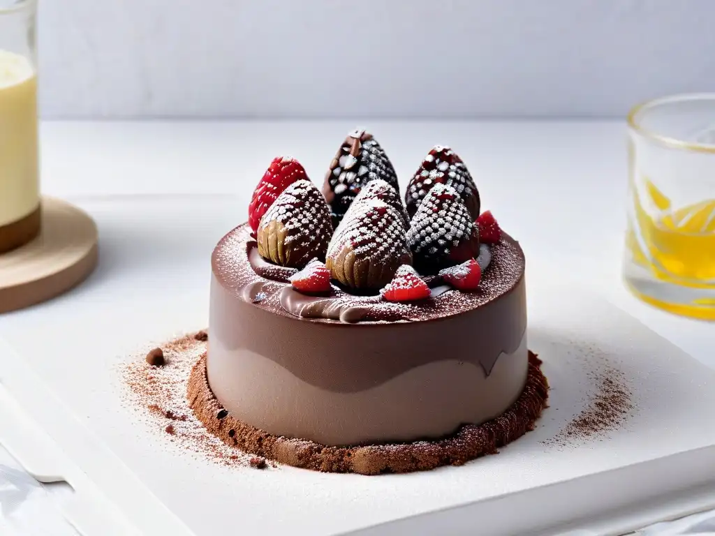 Mousse de aguacate y chocolate con frambuesas: indulgencia saludable Deliciosa mousse de chocolate y aguacate con frambuesas, en copa, sobre mármol blanco