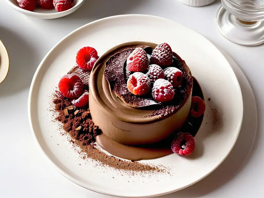 Deliciosa mousse de chocolate y aguacate con frambuesas frescas y cacao