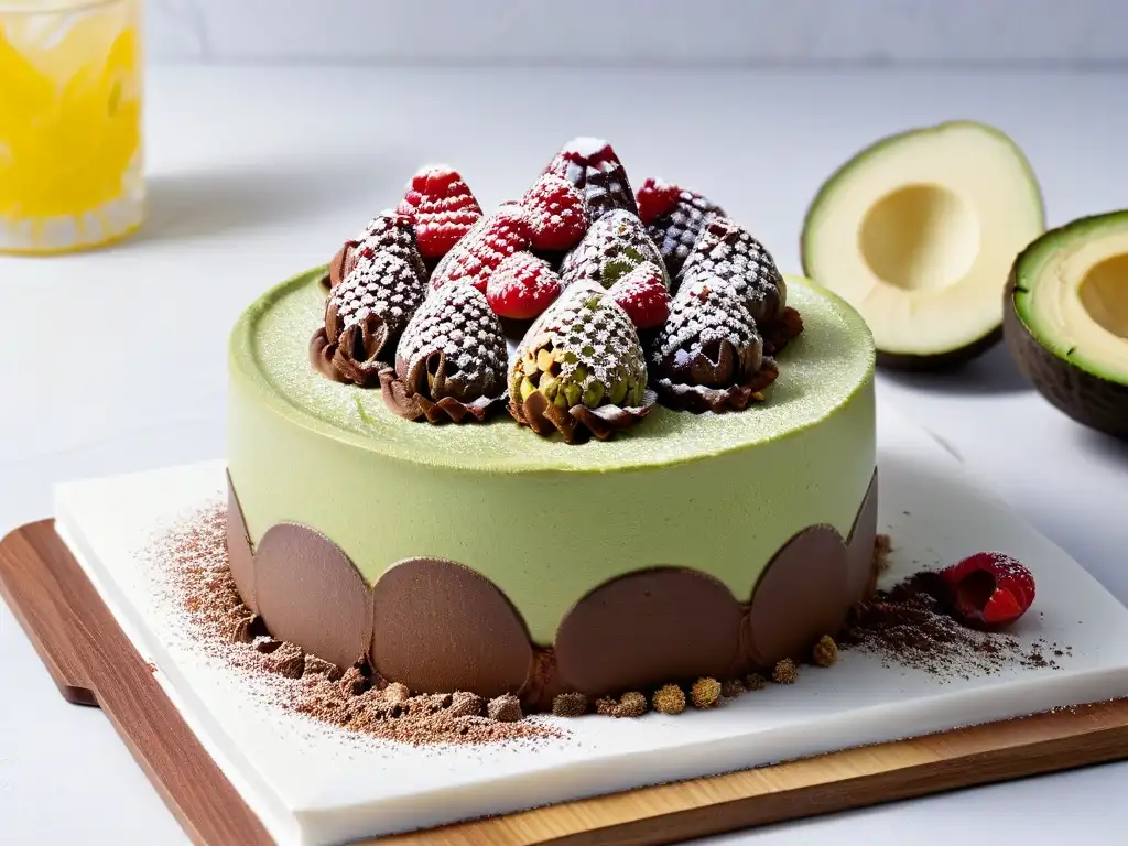 Deliciosa mousse de chocolate y aguacate con frambuesas frescas y cacao en un elegante bol blanco, sobre encimera de mármol