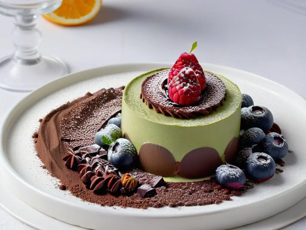 Deliciosa mousse de chocolate y aguacate con frambuesas en copa sobre mármol blanco, ideal para Recetas de postres ligeros