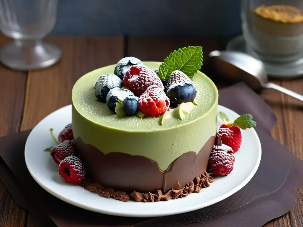 Deliciosa mousse de chocolate y aguacate con frambuesas y menta en copa de postre