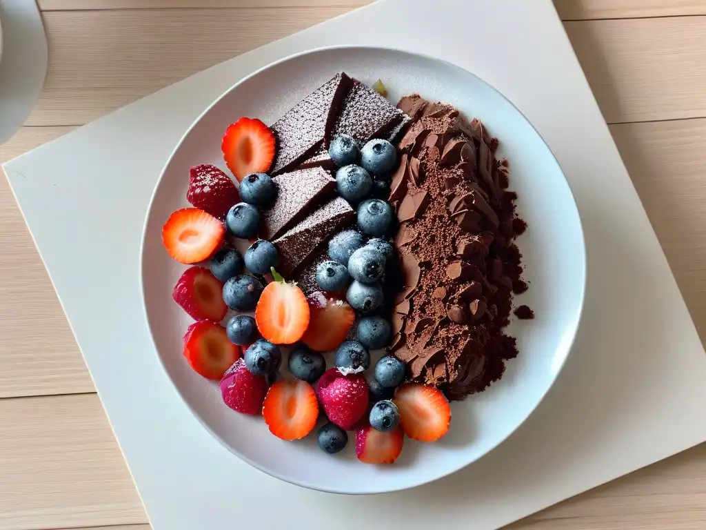 Deliciosa mousse de chocolate y aguacate con frutos rojos frescos y cacao, en plato blanco