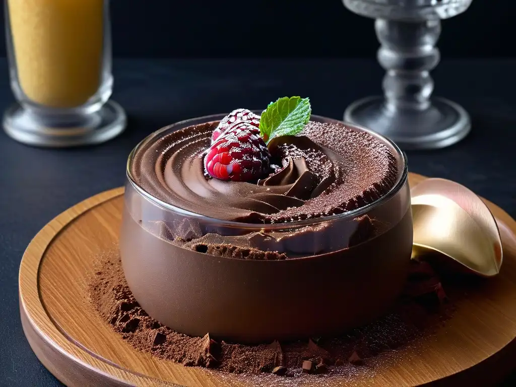 Deliciosa mousse de chocolate y aguacate en vaso de postre, decorado con frambuesa