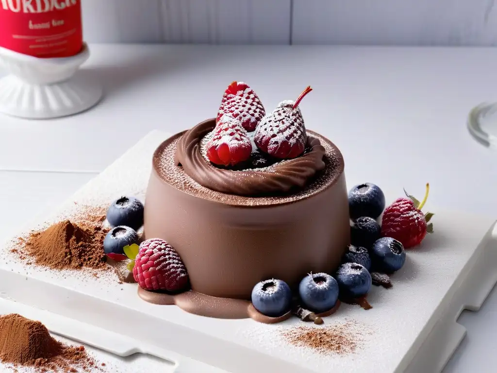 Deliciosa mousse de chocolate sin azúcar con frambuesas frescas y cacao en polvo